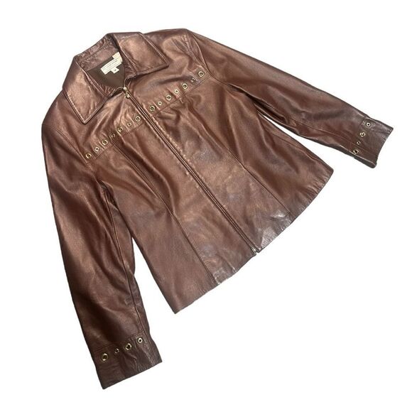 St John Sport Brown & Gold Grommet Detail Y2K 90’s Leather Jacket Size Medium - Picture 3 of 8